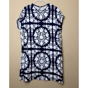 Boden Floral Shift Dress Navy Blue White SZ 16 18 Cap Short Sleeve Cotton